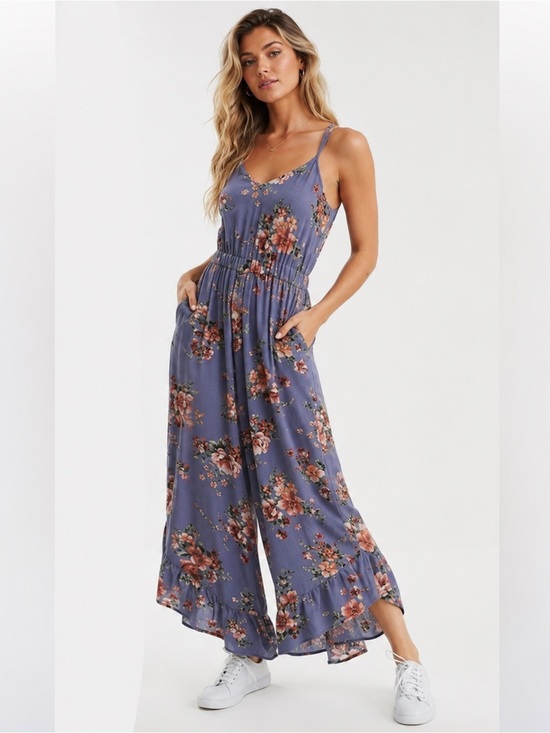 American Eagle Outfitters Pants - American Eagle Floral Woven V-Neck Ruffle Wide Leg Crop Jumpsuit Purple Large